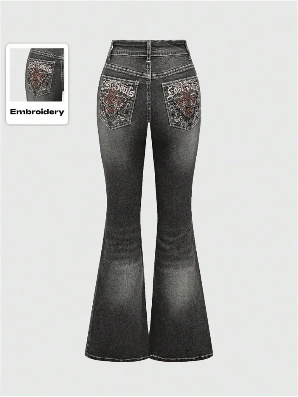 Women's Black Denim Pant Pull On Y2k Goth High Waist Mid Rise Bell Bottom Jeans